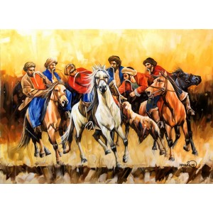 Momin Khan, 36 x 48 Inch, Acrylic on Canvas, Buzkashi Painting, AC-MK-139